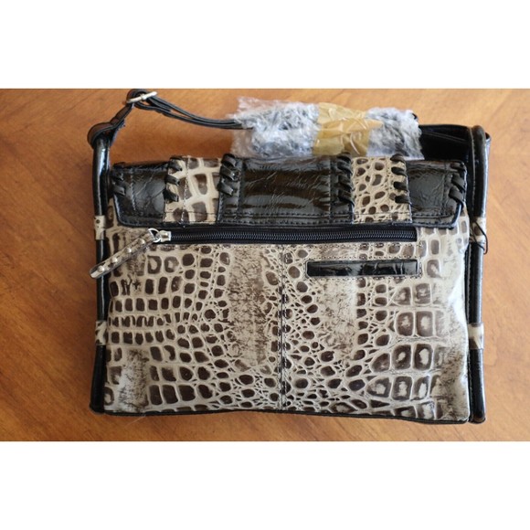 M.C. Patent Leather Blk Gray Faux Gator Print Purse Multiple Compartments Tassel - Picture 16 of 16